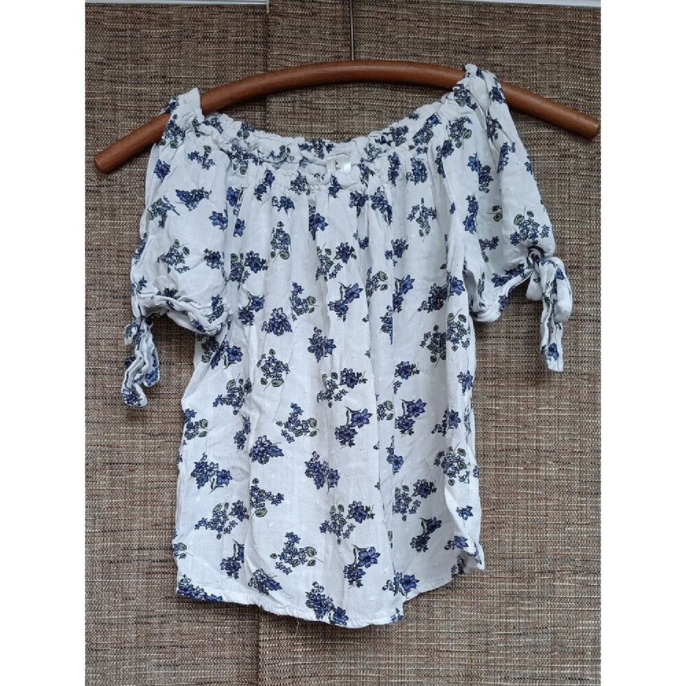 Girl's White Floral Off-Shoulder Tie Sleeve Top